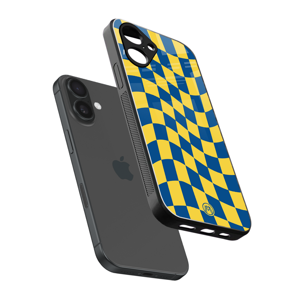 yellow blue trippy check pattern back phone cover | glass case for iphone 16