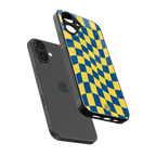 yellow blue trippy check pattern back phone cover | glass case for iphone 16