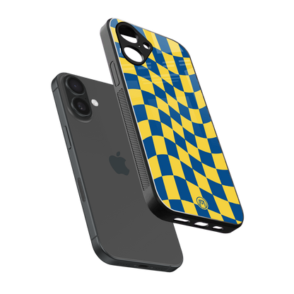 yellow blue trippy check pattern back phone cover | glass case for iphone 16