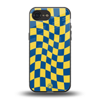 yellow blue trippy check pattern back phone cover | glass case for iphone 16e