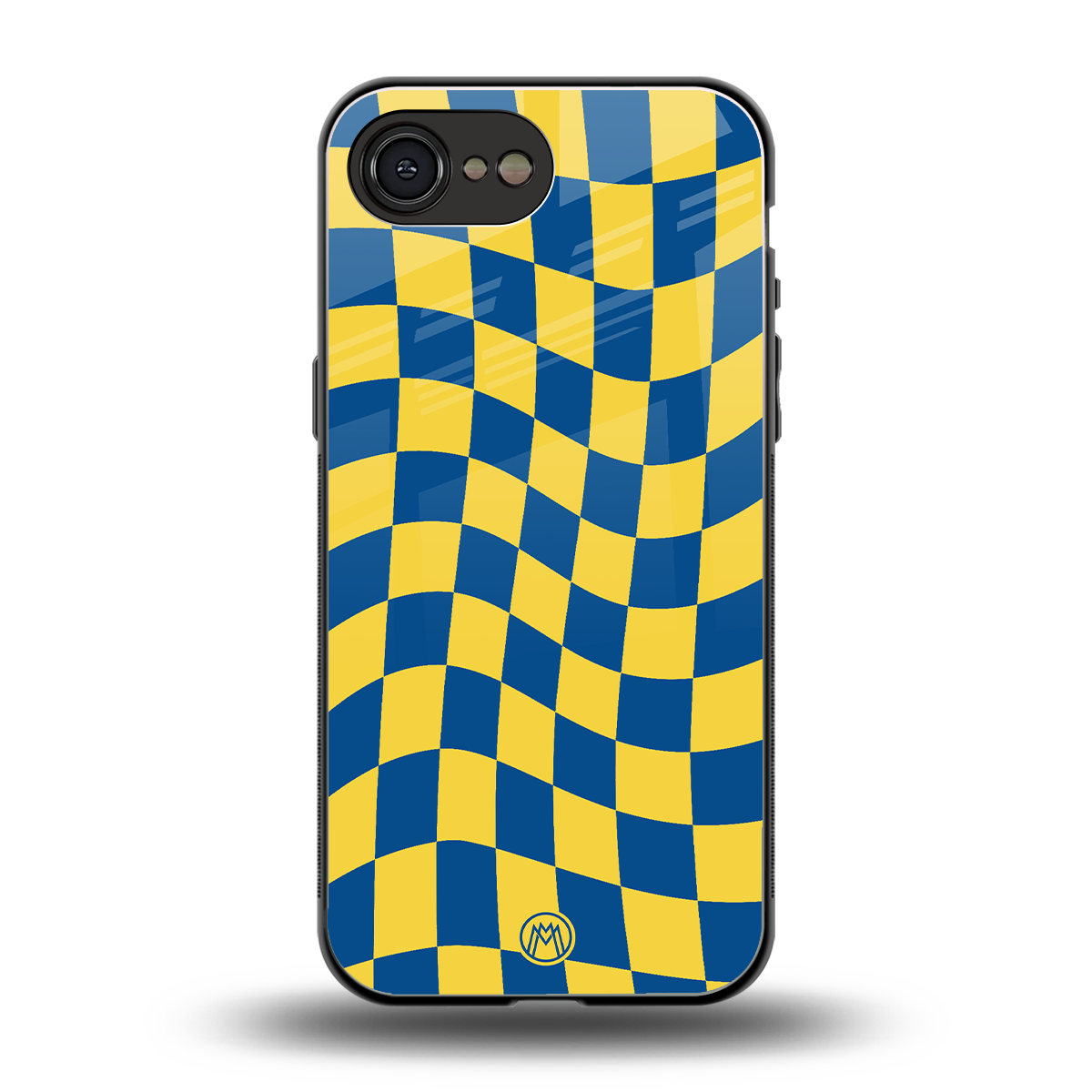 yellow blue trippy check pattern back phone cover | glass case for iphone 16e