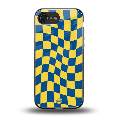 yellow blue trippy check pattern back phone cover | glass case for iphone 16e