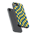 yellow blue trippy check pattern back phone cover | glass case for iphone 16e