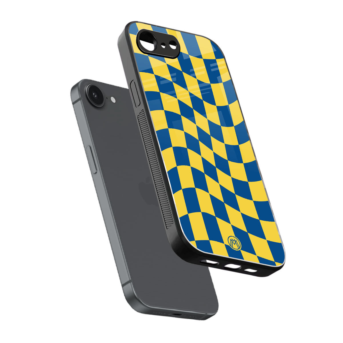 yellow blue trippy check pattern back phone cover | glass case for iphone 16e