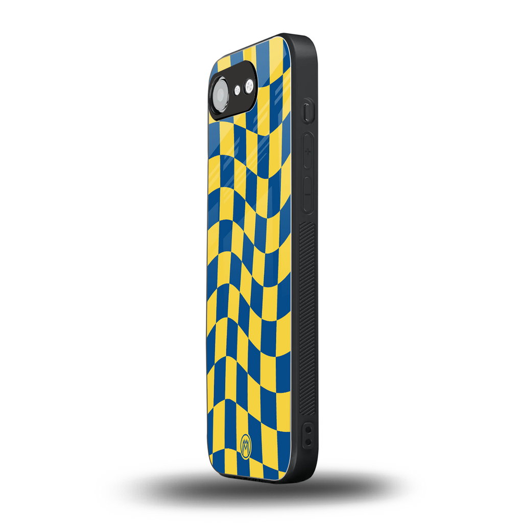 yellow blue trippy check pattern back phone cover | glass case for iphone 16e