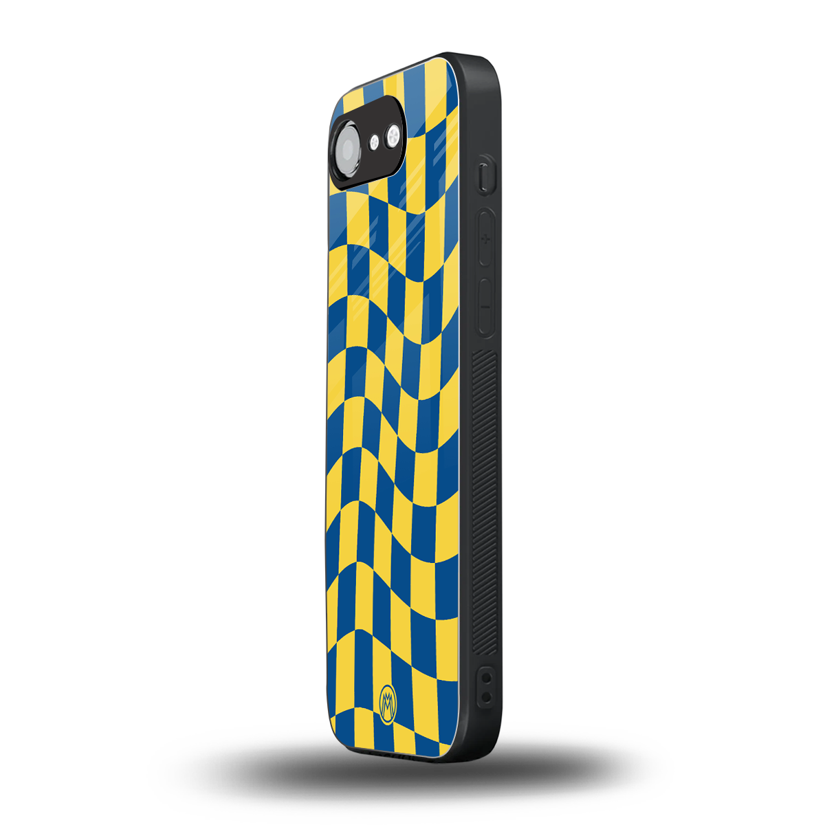 yellow blue trippy check pattern back phone cover | glass case for iphone 16e