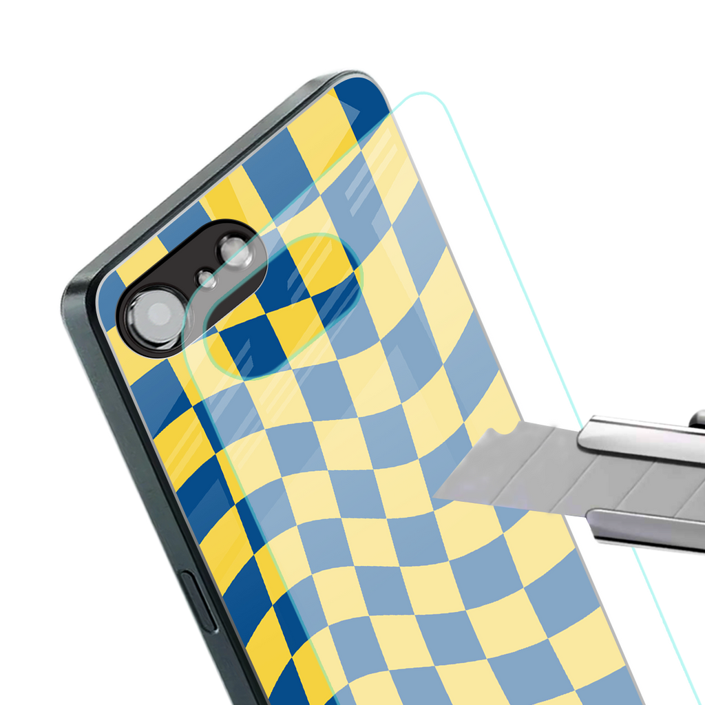 yellow blue trippy check pattern back phone cover | glass case for iphone 16e