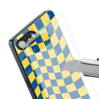 yellow blue trippy check pattern back phone cover | glass case for iphone 16e