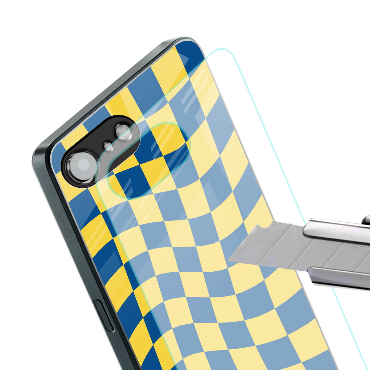 yellow blue trippy check pattern back phone cover | glass case for iphone 16e