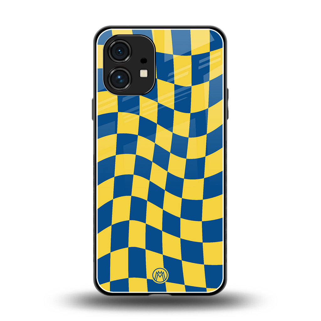 yellow blue trippy check pattern back phone cover | glass case for nothing phone 1