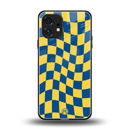 yellow blue trippy check pattern back phone cover | glass case for nothing phone 1