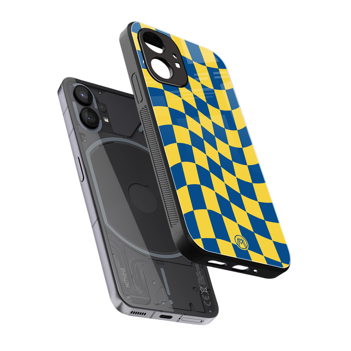 yellow blue trippy check pattern back phone cover | glass case for nothing phone 1