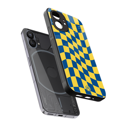 yellow blue trippy check pattern back phone cover | glass case for nothing phone 1