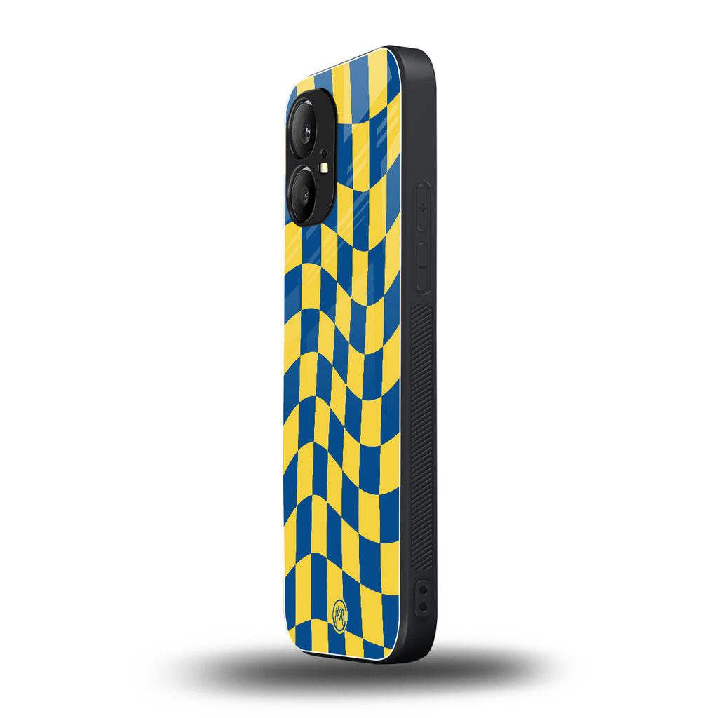 yellow blue trippy check pattern back phone cover | glass case for nothing phone 1