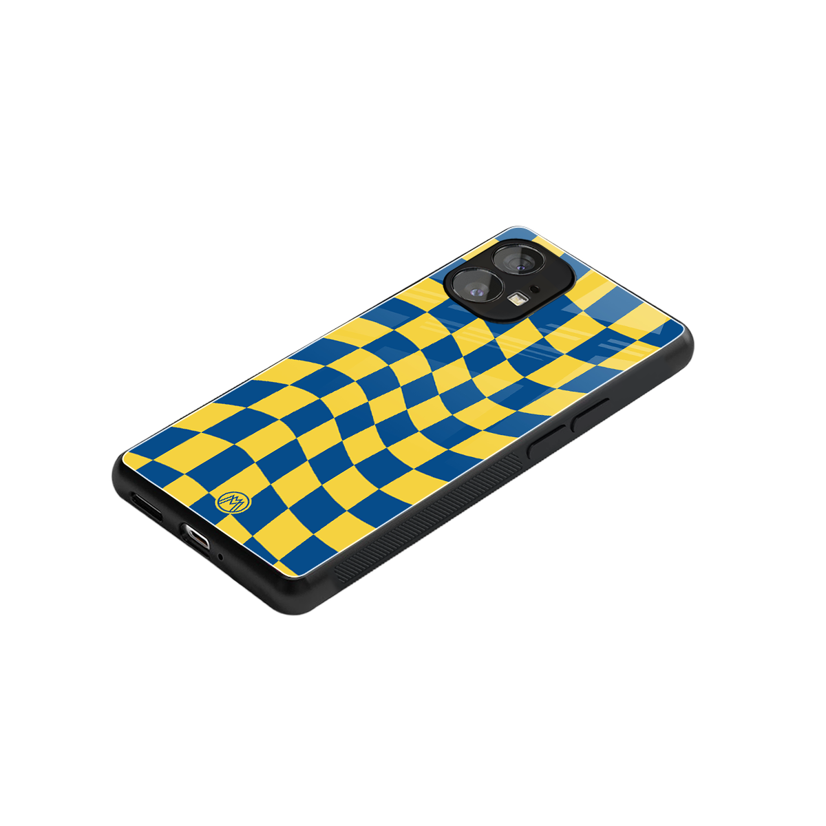 yellow blue trippy check pattern back phone cover | glass case for nothing phone 1
