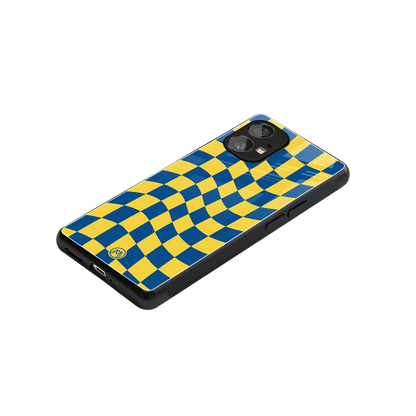 yellow blue trippy check pattern back phone cover | glass case for nothing phone 1