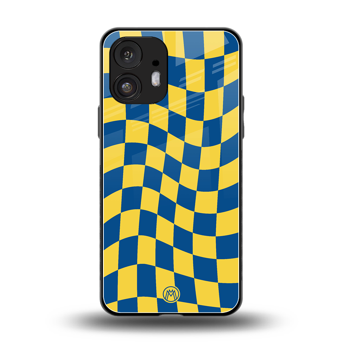 yellow blue trippy check pattern back phone cover | glass case for nothing phone 2