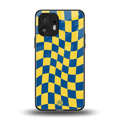 yellow blue trippy check pattern back phone cover | glass case for nothing phone 2