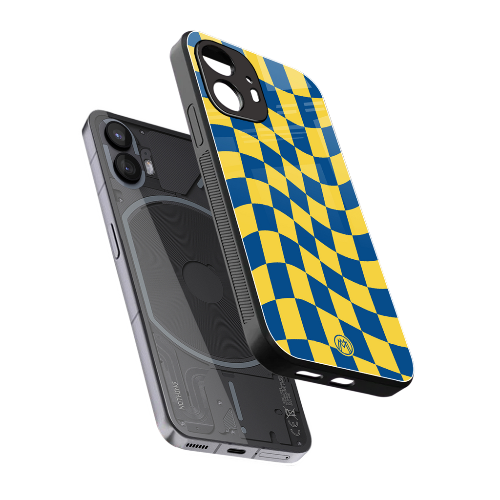 yellow blue trippy check pattern back phone cover | glass case for nothing phone 2