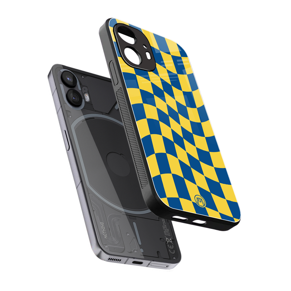 yellow blue trippy check pattern back phone cover | glass case for nothing phone 2