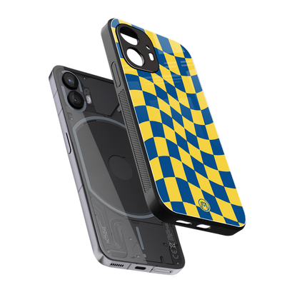 yellow blue trippy check pattern back phone cover | glass case for nothing phone 2