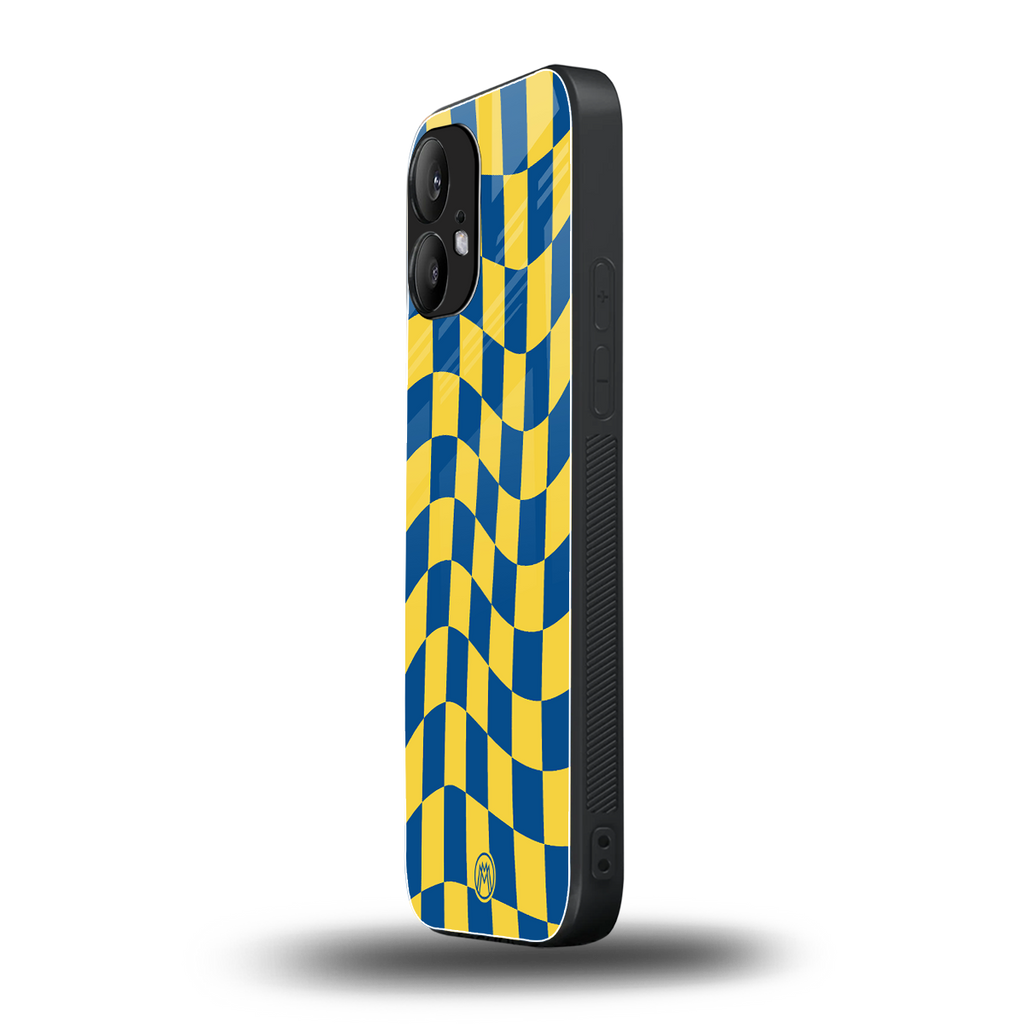 yellow blue trippy check pattern back phone cover | glass case for nothing phone 2