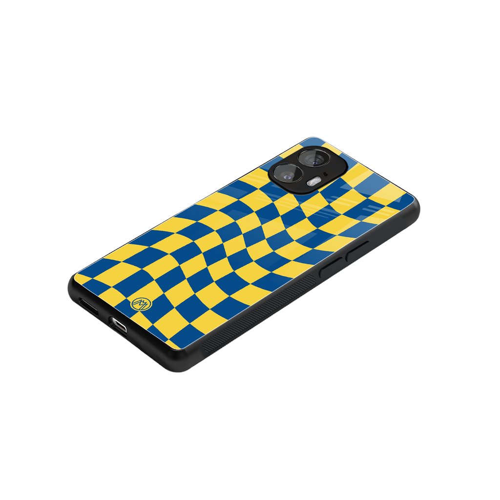 yellow blue trippy check pattern back phone cover | glass case for nothing phone 2
