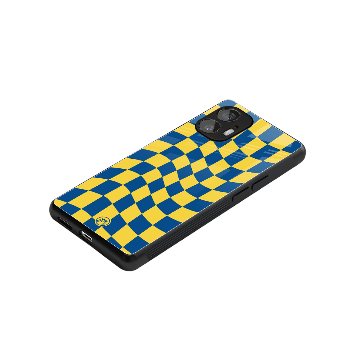 yellow blue trippy check pattern back phone cover | glass case for nothing phone 2