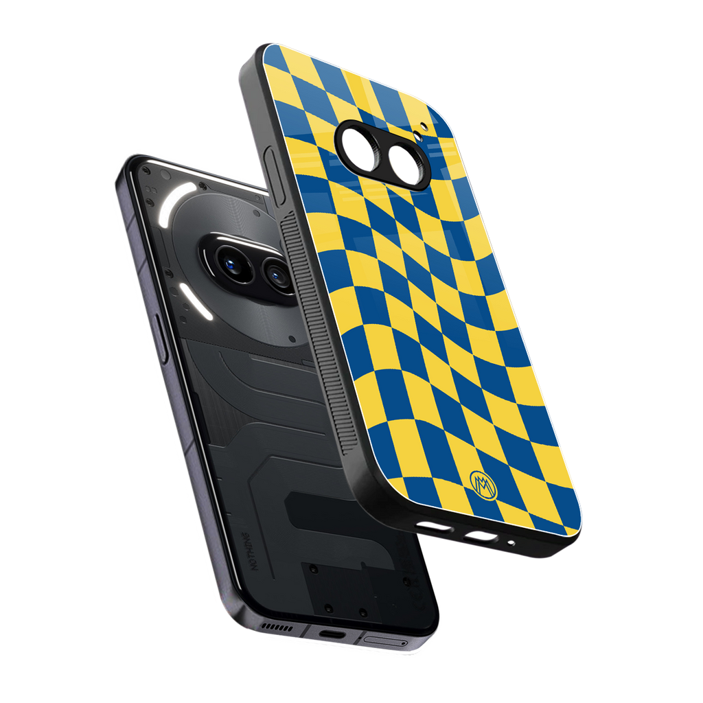 yellow blue trippy check pattern back phone cover | glass case for nothing phone 2a