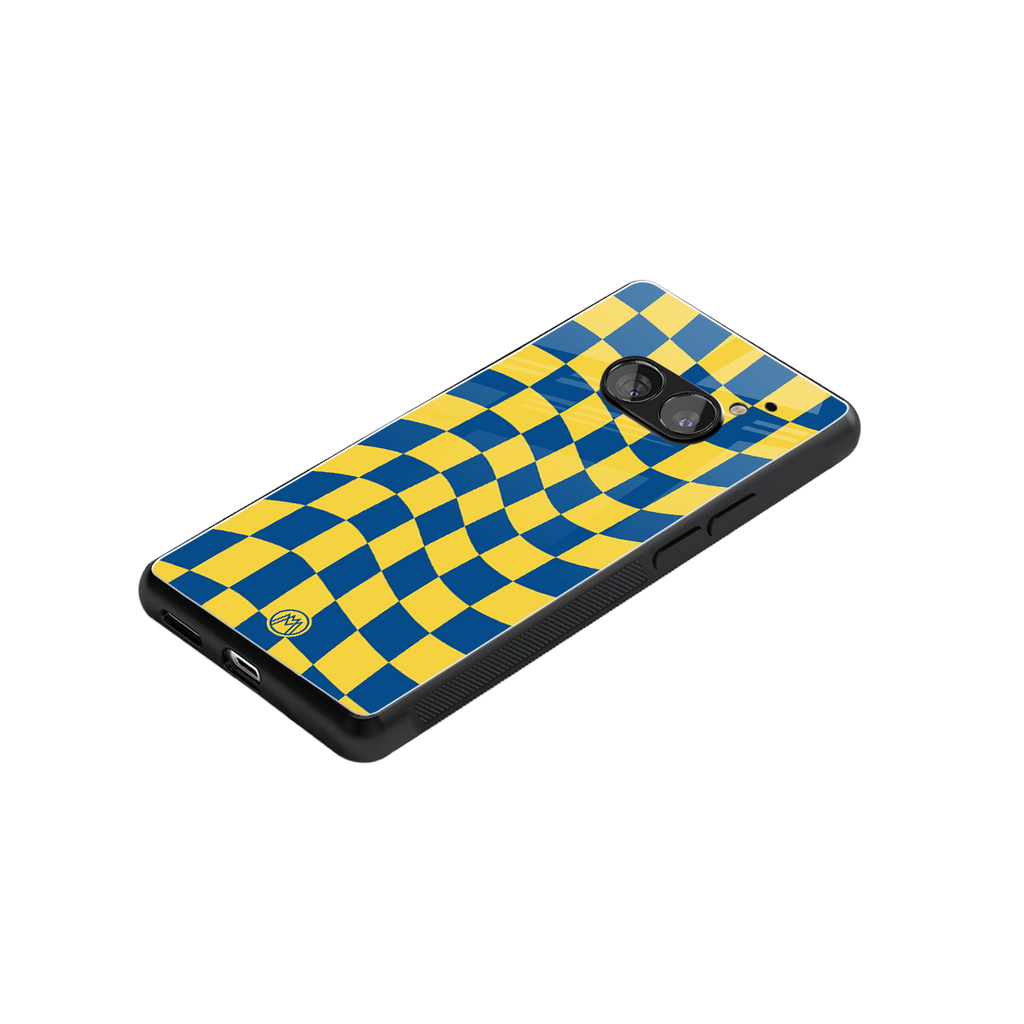 yellow blue trippy check pattern back phone cover | glass case for nothing phone 2a