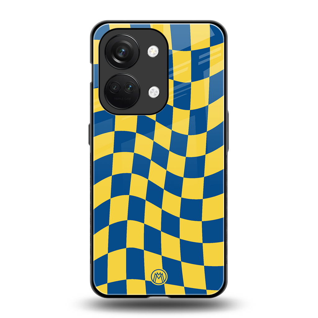 yellow blue trippy check pattern back phone cover | glass case for oneplus nord 3