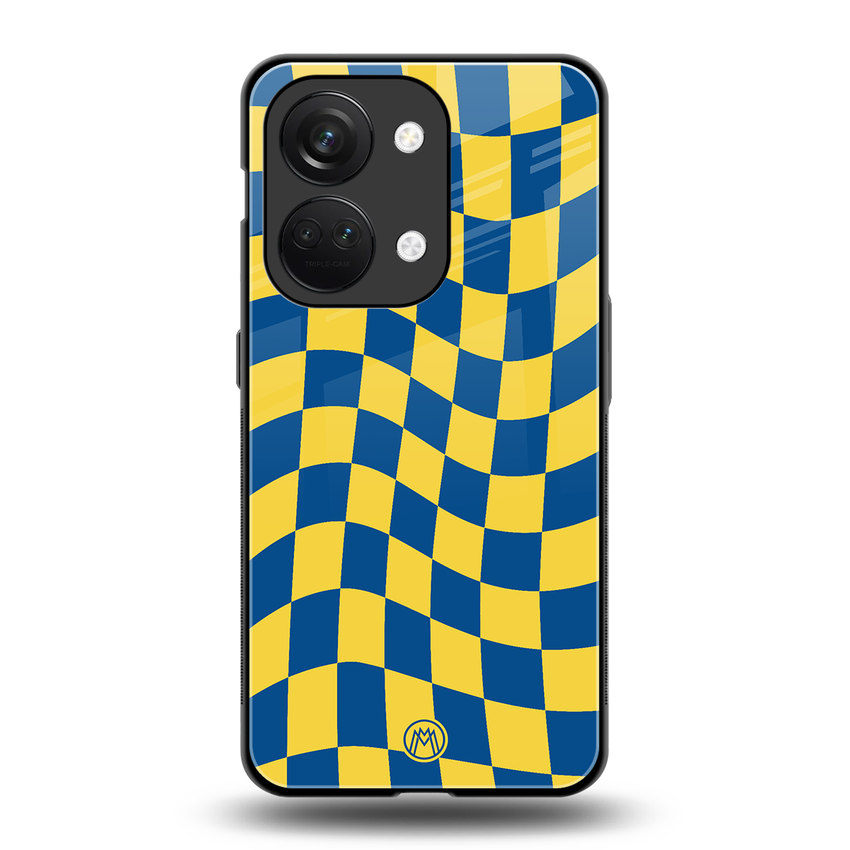 yellow blue trippy check pattern back phone cover | glass case for oneplus nord 3