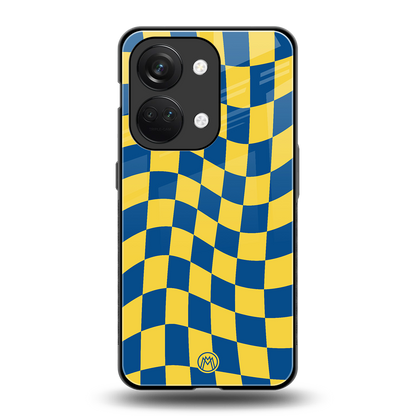 yellow blue trippy check pattern back phone cover | glass case for oneplus nord 3