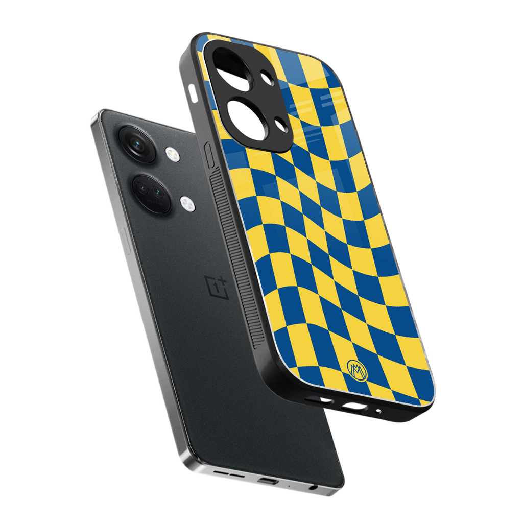 yellow blue trippy check pattern back phone cover | glass case for oneplus nord 3