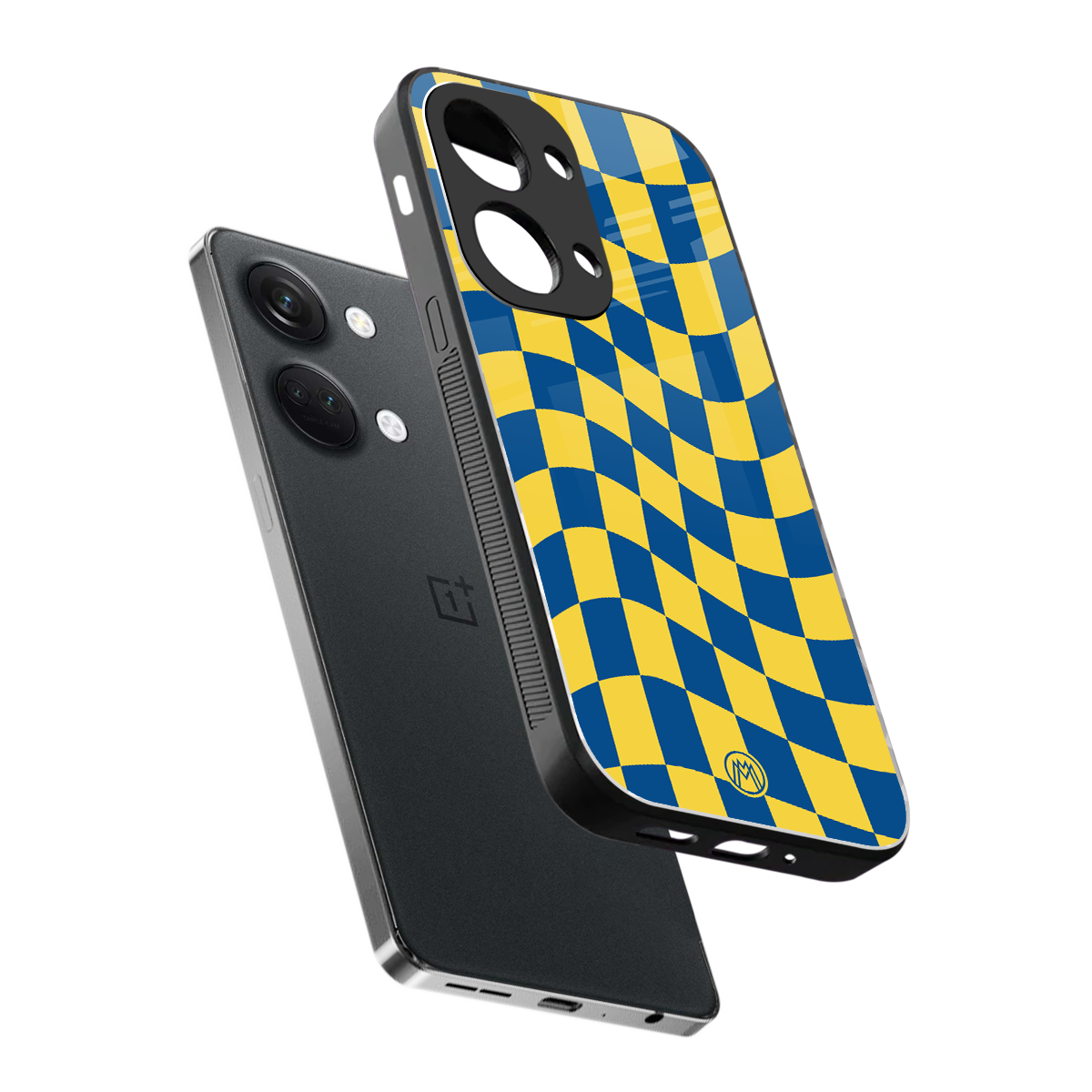 yellow blue trippy check pattern back phone cover | glass case for oneplus nord 3