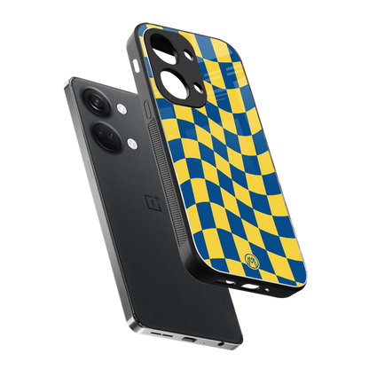 yellow blue trippy check pattern back phone cover | glass case for oneplus nord 3