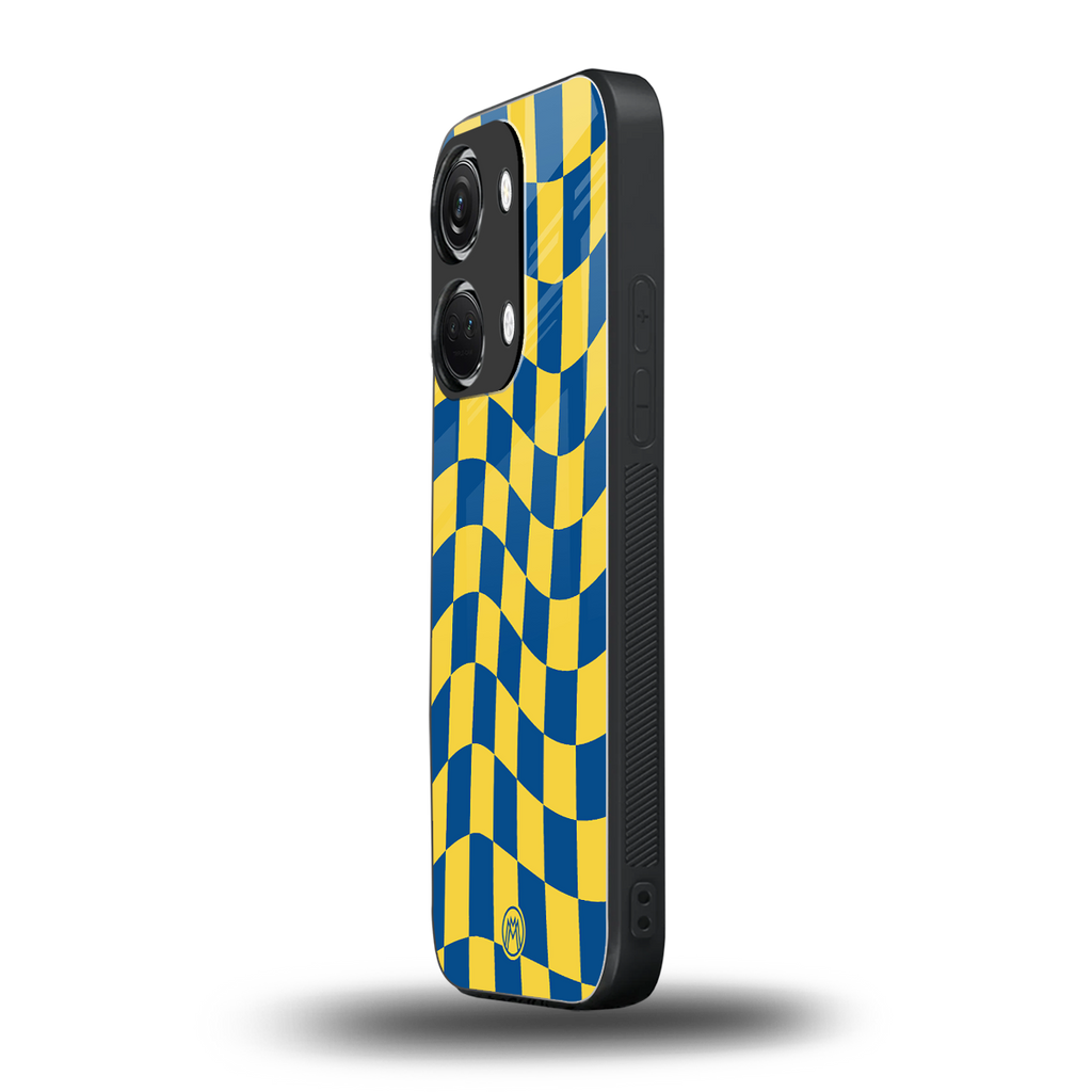 yellow blue trippy check pattern back phone cover | glass case for oneplus nord 3