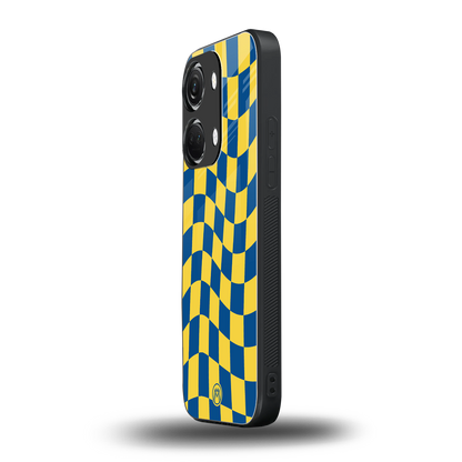 yellow blue trippy check pattern back phone cover | glass case for oneplus nord 3