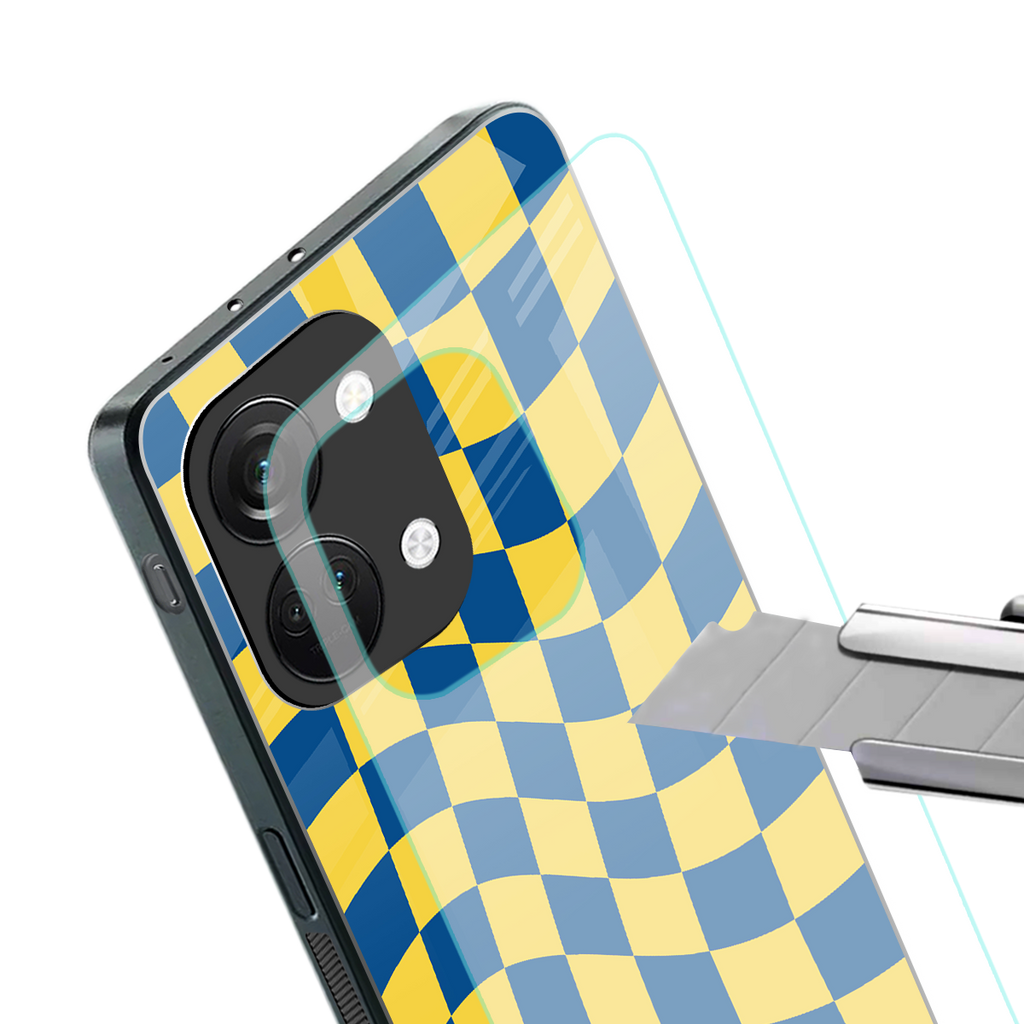 yellow blue trippy check pattern back phone cover | glass case for oneplus nord 3