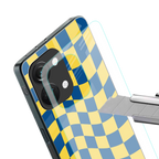 yellow blue trippy check pattern back phone cover | glass case for oneplus nord 3