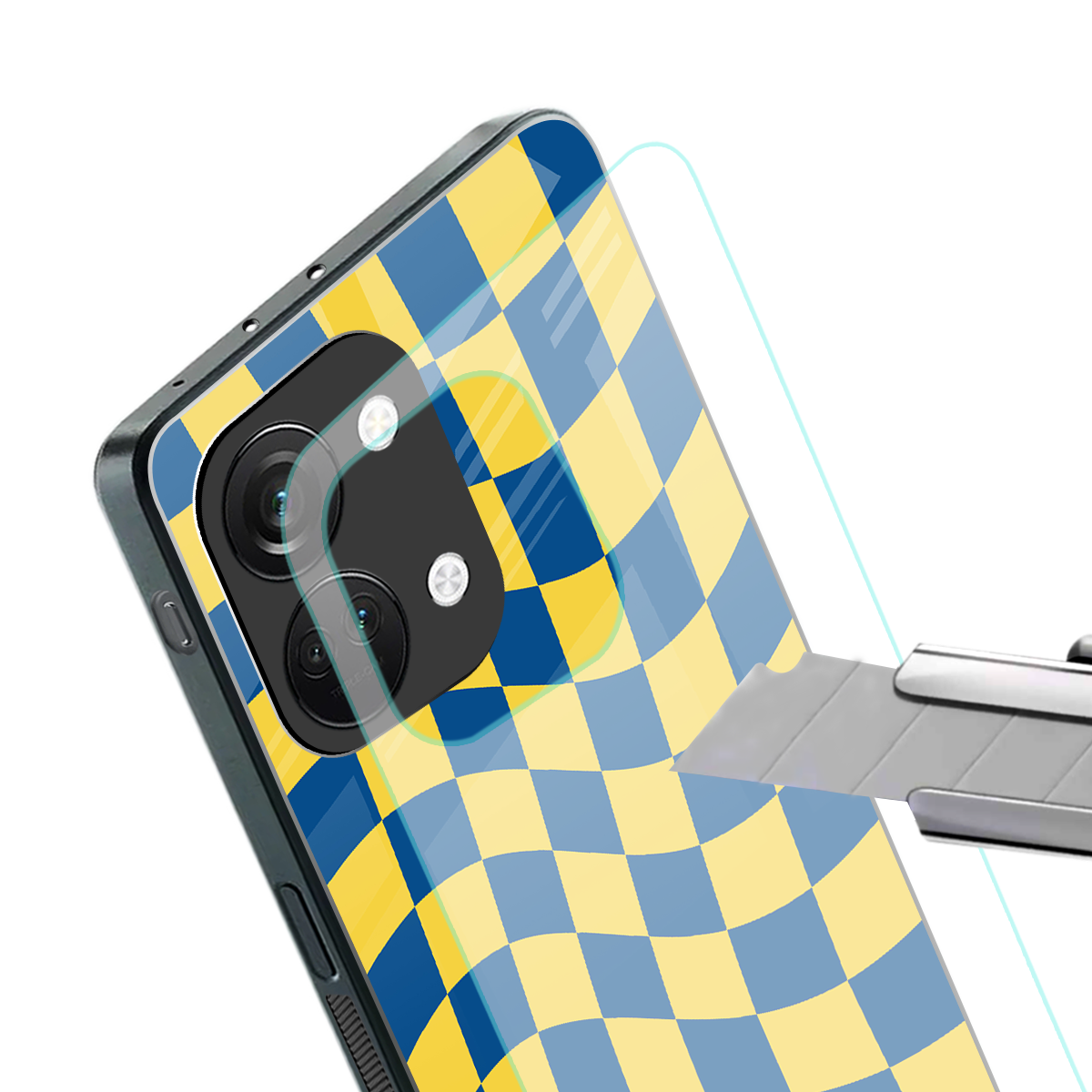 yellow blue trippy check pattern back phone cover | glass case for oneplus nord 3