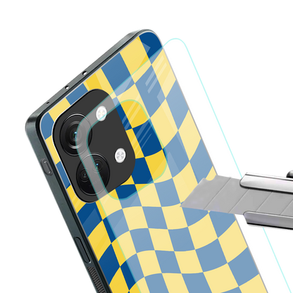 yellow blue trippy check pattern back phone cover | glass case for oneplus nord 3