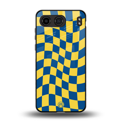 yellow blue trippy check pattern back phone cover | glass case for oneplus nord 4