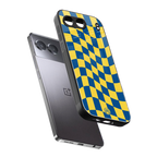 yellow blue trippy check pattern back phone cover | glass case for oneplus nord 4