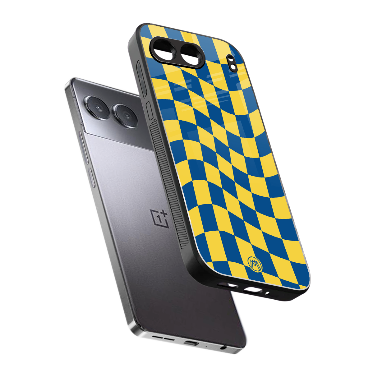 yellow blue trippy check pattern back phone cover | glass case for oneplus nord 4