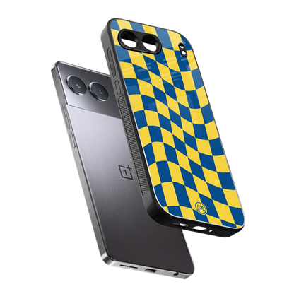 yellow blue trippy check pattern back phone cover | glass case for oneplus nord 4