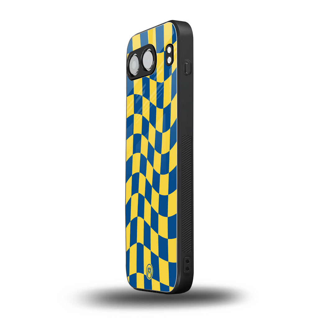 yellow blue trippy check pattern back phone cover | glass case for oneplus nord 4