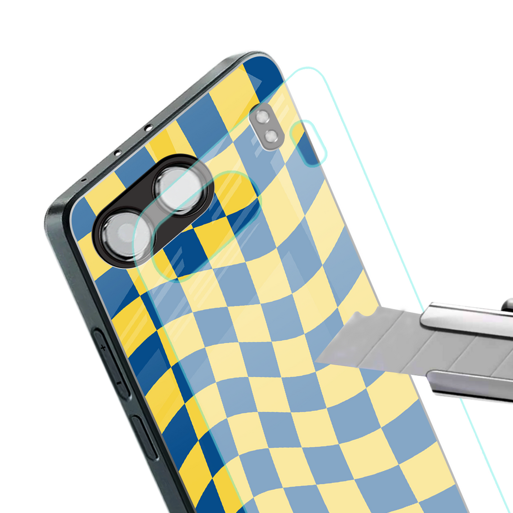 yellow blue trippy check pattern back phone cover | glass case for oneplus nord 4