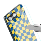 yellow blue trippy check pattern back phone cover | glass case for oneplus nord 4