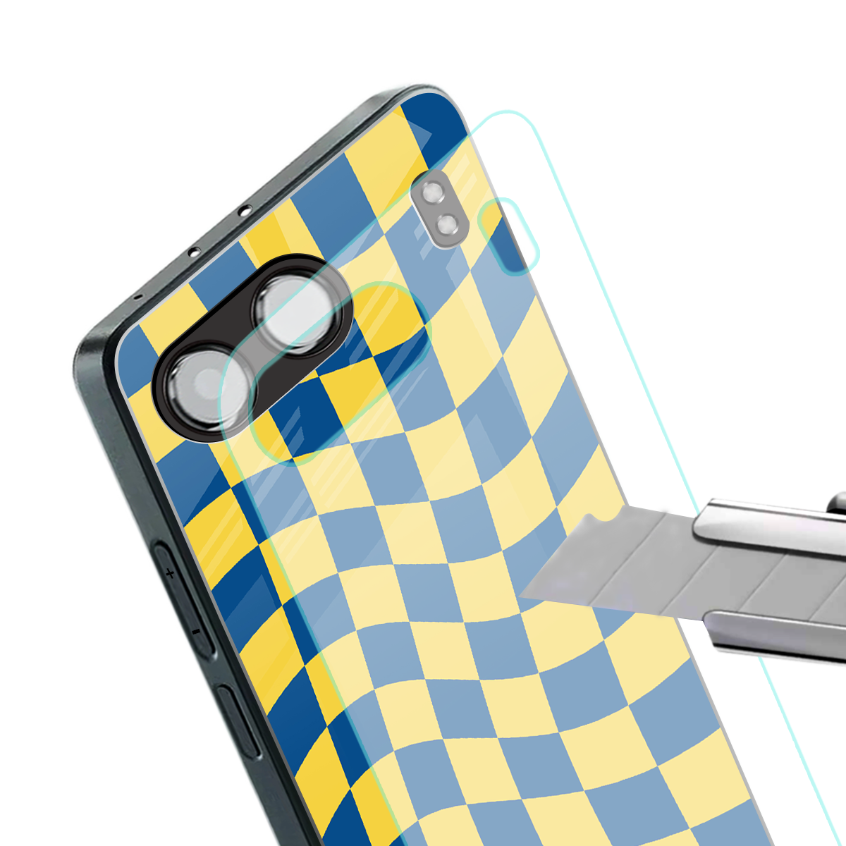 yellow blue trippy check pattern back phone cover | glass case for oneplus nord 4